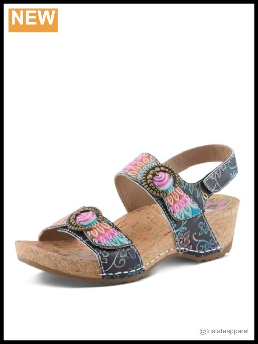 L'Artiste Cork Wedge Sandal Hand-Painted Leather Adjustable Comfort
